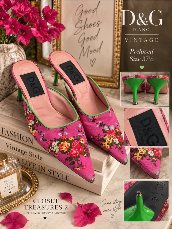 D&G Shoes - D&G Pink Floral Pointed-Toe Mules with Green Heel vintage